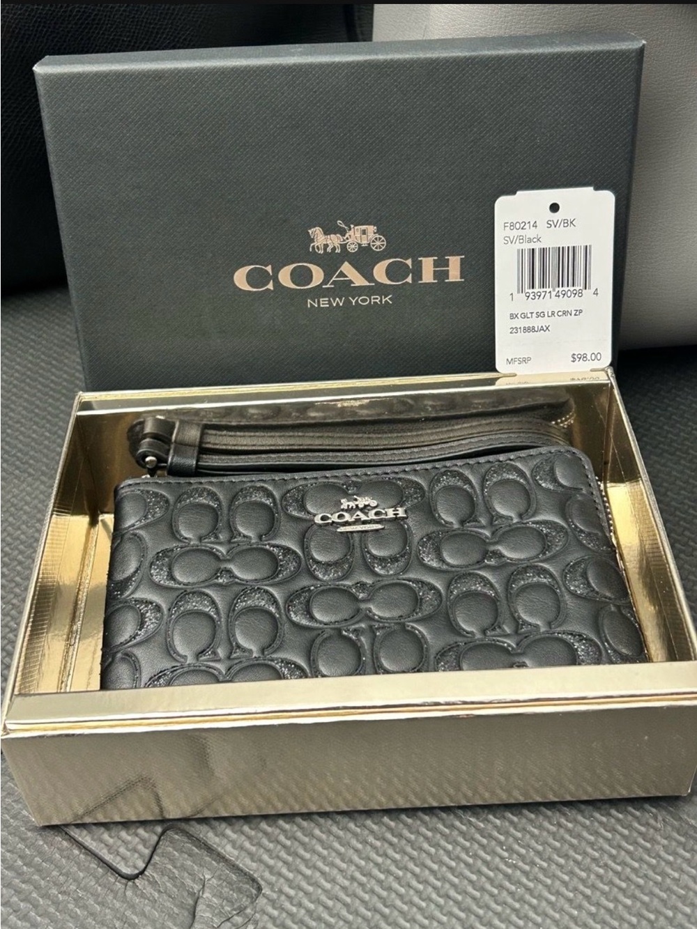 Coach NWT & Box Black Leather Signature C Embossed Wristlet F80214 MSRP $98